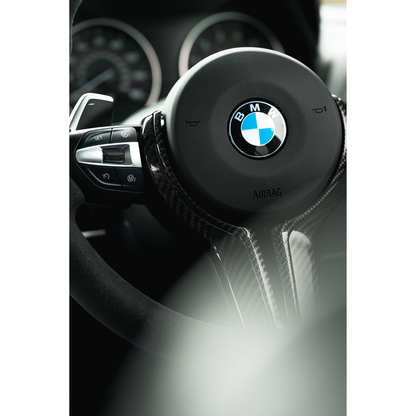 Front view of left button cluster of B58Bible BMW F-Series Steering Wheel M1/M2 + Cruise Control Multifunction Switches in Silver fitted to a steering wheel on a car