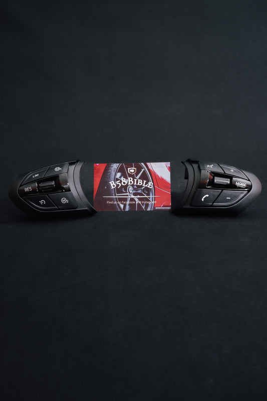Front view of B58Bible black steering wheel buttons for BMW F series