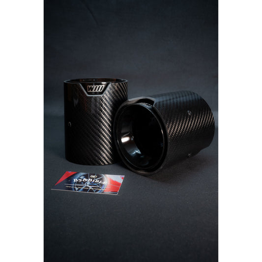 Both 3.5 inch carbon fibre exhaust tips together highlighting the top face and outlet of the tips