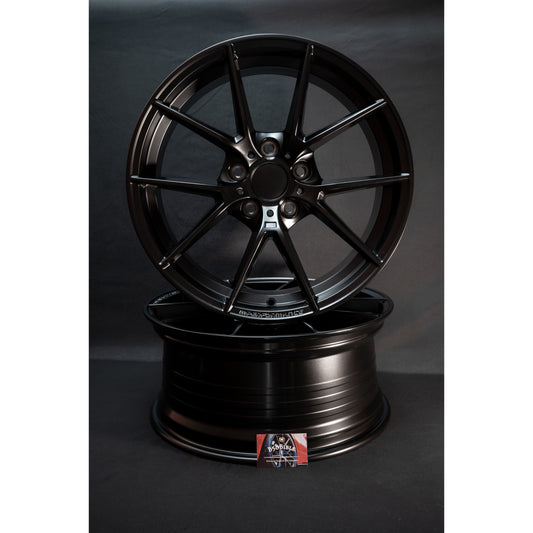 763m style alloys in satin black for BMW F20/F21/F22 stacked on top of eachother showing the side profile and front face of both wheels