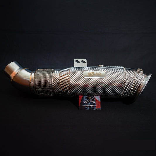 Front view of B58Bible 4.5 Inch Heat-Shielded Catless Downpipe with mounting bracket for B58 engines (BMW M140i, M240i, 340i, 440i)